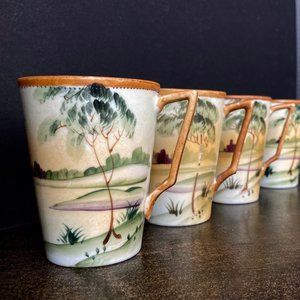 4 Antique Hand Painted Porcelain Cups With Country Landscape. E-OH Nippon.